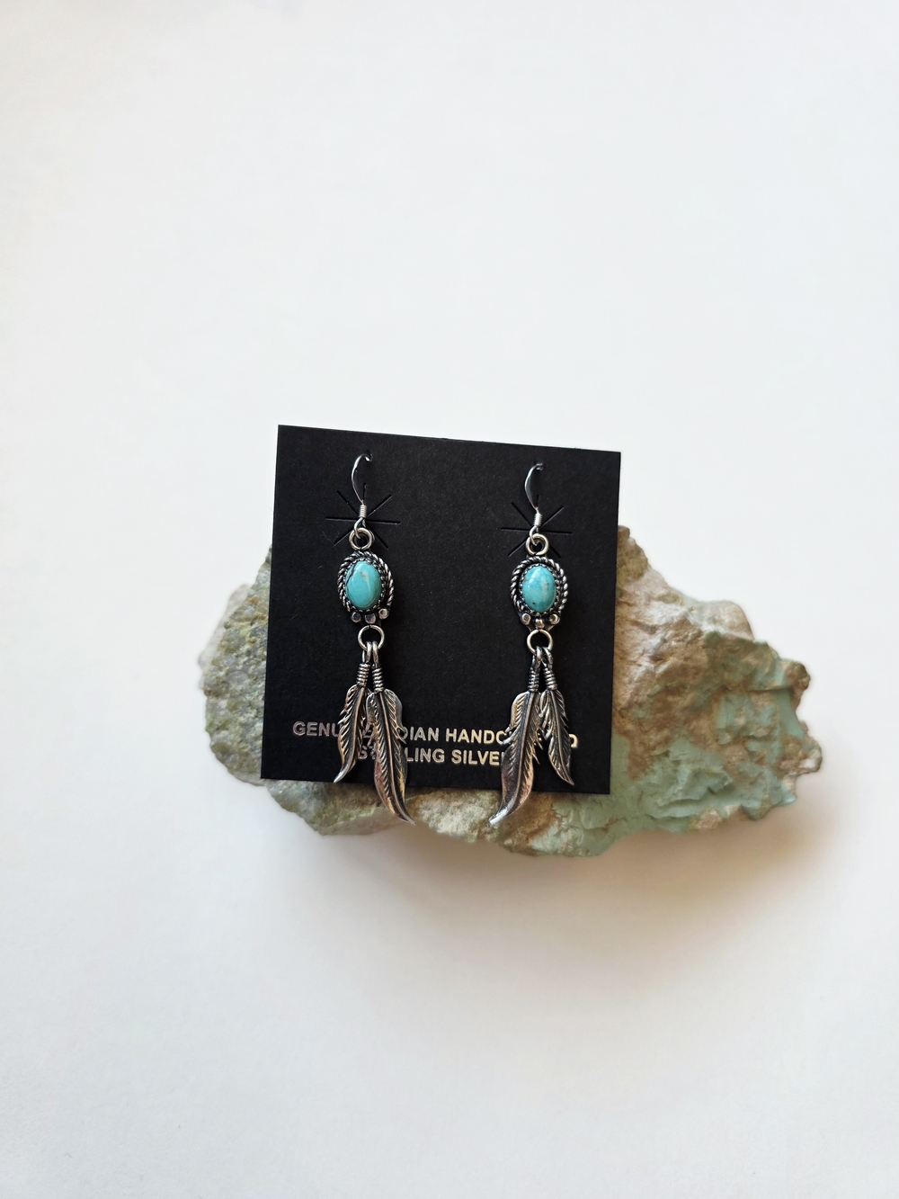 Turquoise Feather Drop Earrings - Handmade Sterling Silver